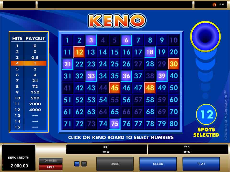 Keno board online showing payout