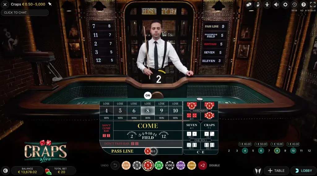 Play craps online with a live dealer display and overview of playing in a live casino