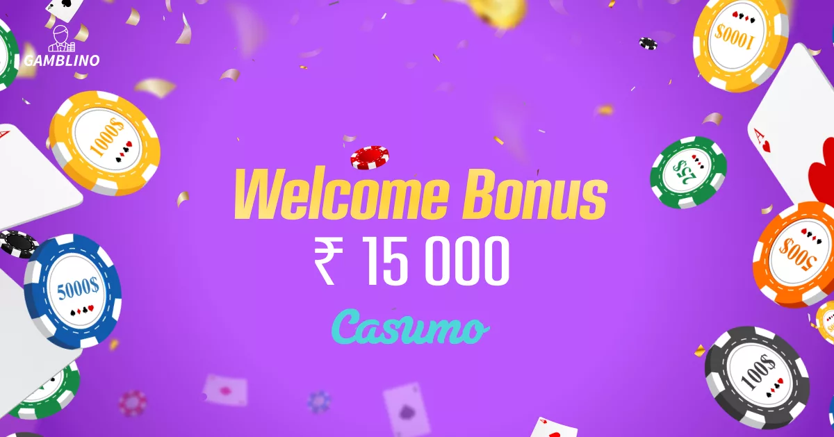 Cards and chips encircle text on welcome bonus