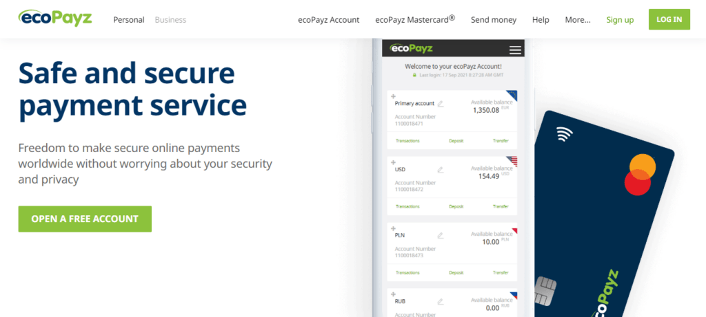 ecopayz payment method frontpage