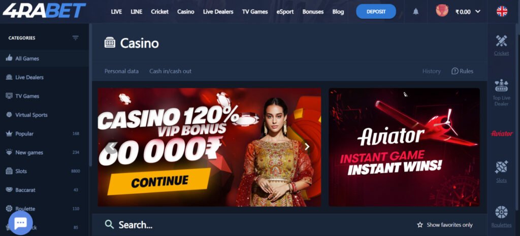 4rabet indian casino frontpage showing bonus and casino games