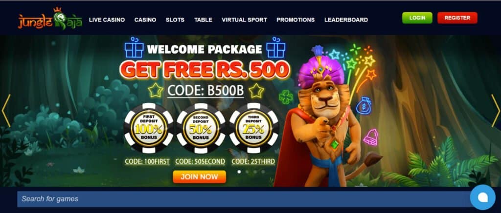 jungleraja indian online casino front page website