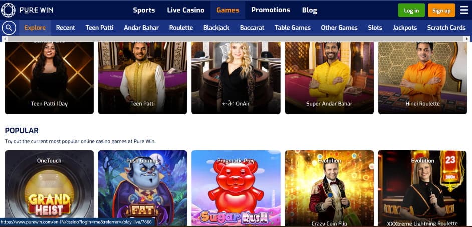 pure win online casino website showing the casino games they offer