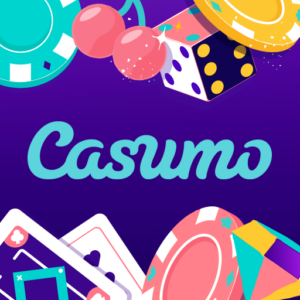 casumo logo in blue with casino related items surrounding it