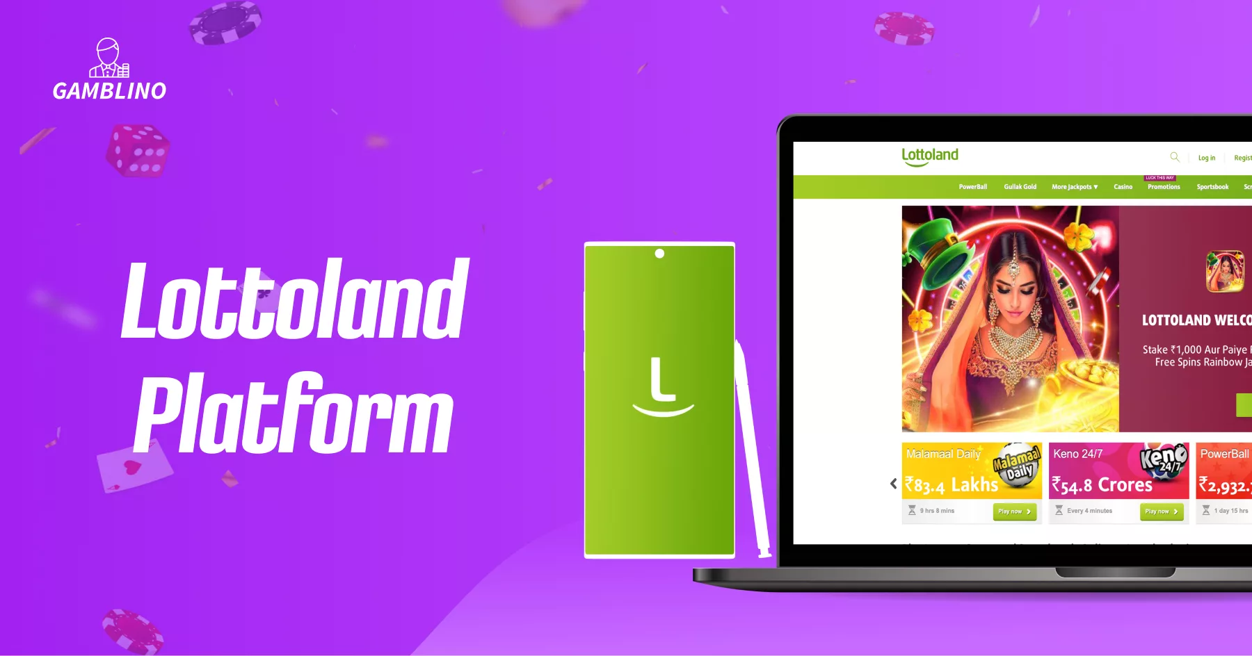 Lottoland homepage displayed on a Pc and app on Samsung phone