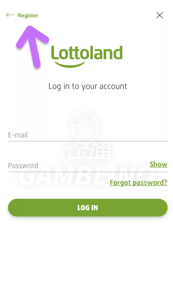 Lottolands login page with arrow to show where to register