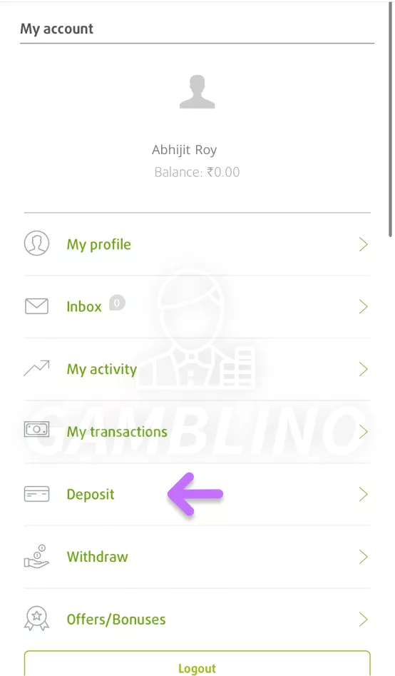 Profile page on Lottoland with arrow that highlights deposit page
