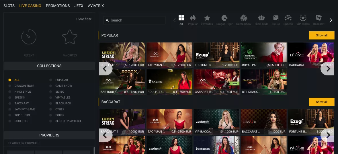 Screenshot of live casino section at melbet