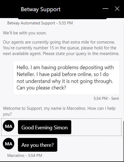 betway customer support on site chat