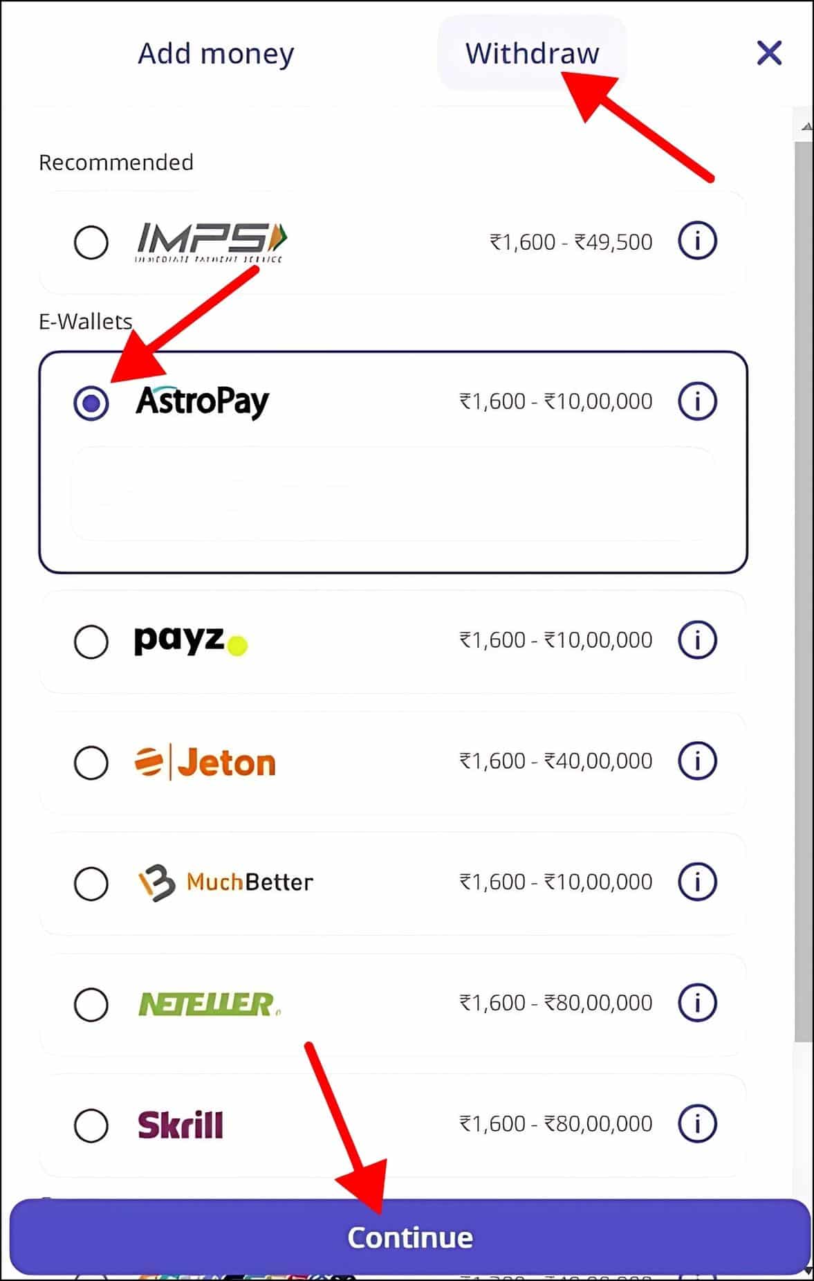 pick withdrawal method step 2 casino days withdrawal