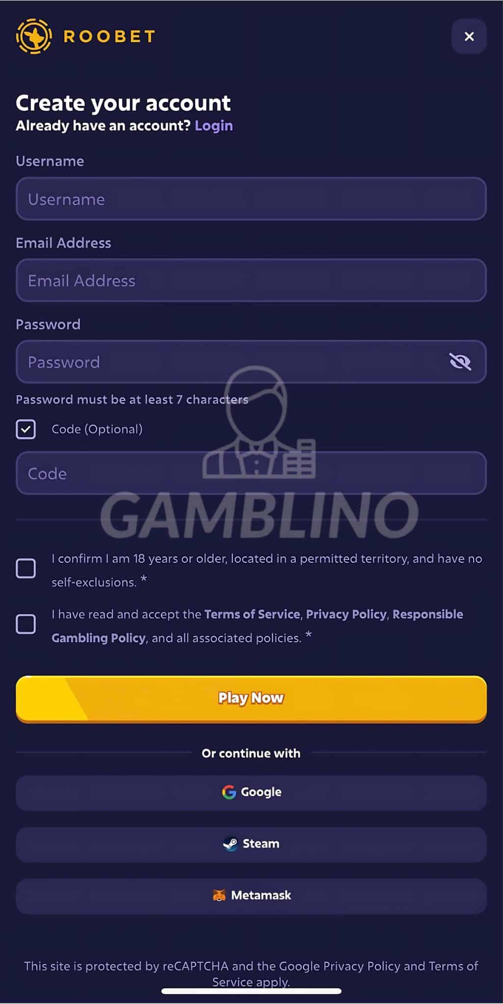 step 2 sign up roobet