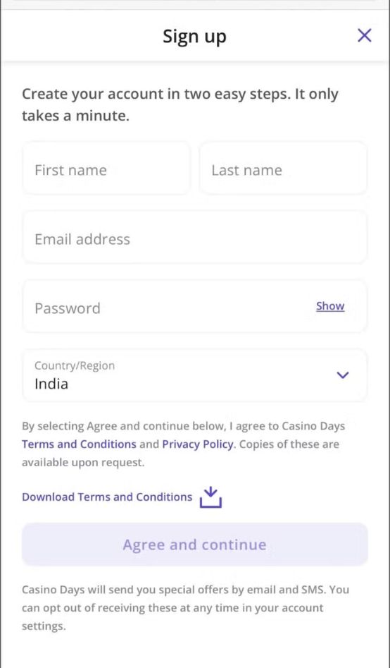 casino days sign up step 2