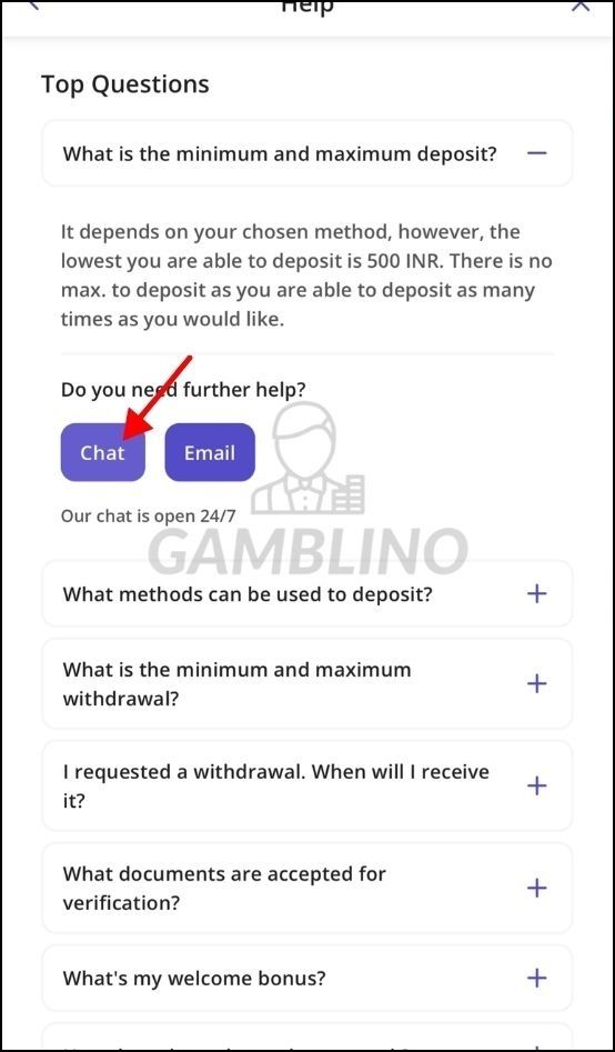 step 5 for live chat support casino days