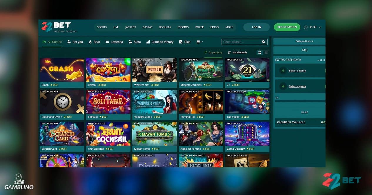 22bet selection of casino games